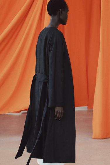 Zara ZW COLLECTION BELTED LINEN COAT - Black