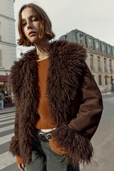 Zara DOUBLE-FACED FAUX FUR JACKET - Brown
