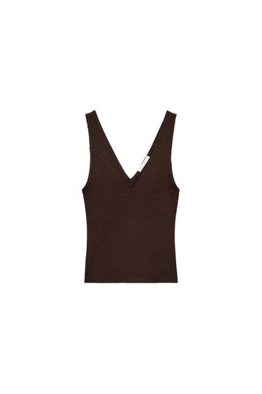 RIB V-NECK TOP - Brown by Zara