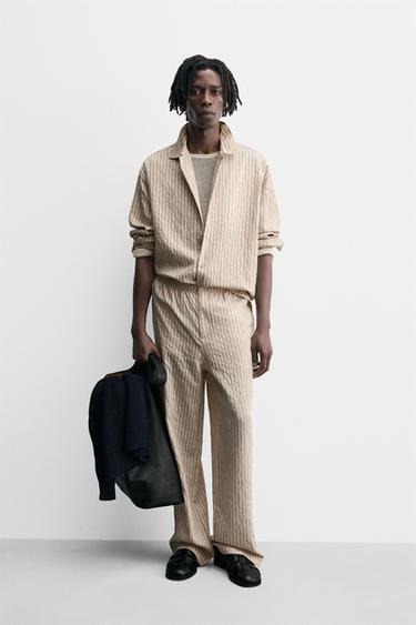 Zara WRINKLED EFFECT STRIPED FLOWY PANTS - Ecru