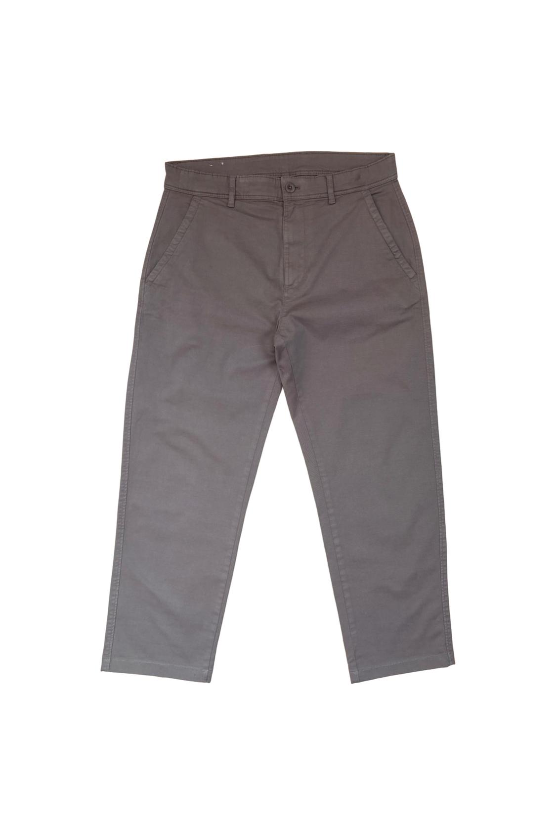 Grey casual trousers with side pockets, button fastening at the front and belt loops, on a white background.