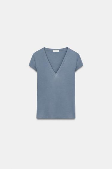 Zara V-NECK T-SHIRT - Blue