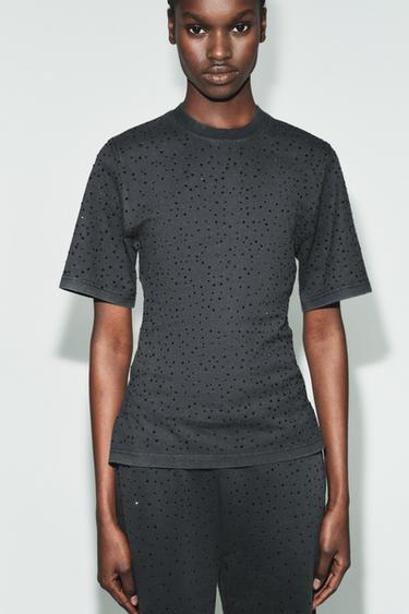 Zara SPARKLY SHORT SLEEVE TOP - Black