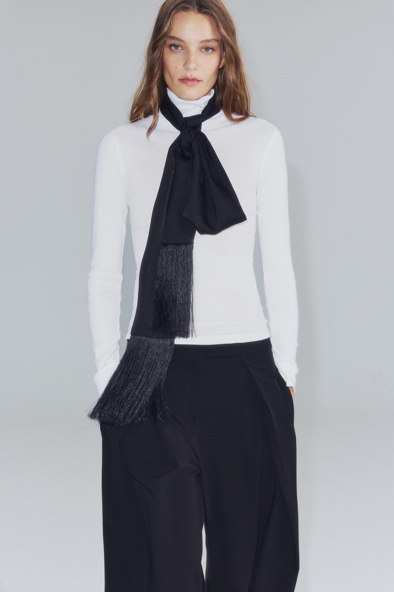 FRINGED TIE-STYLE SCARF — Black