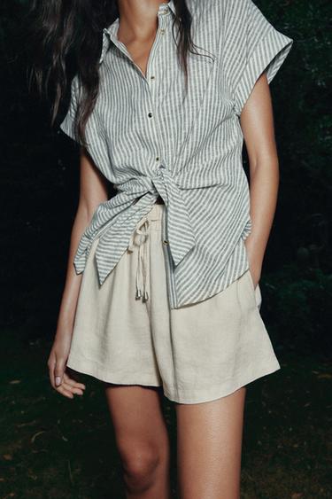 CAMISA RAYAS NUDO CON LINO - Verde / Crudo de Zara