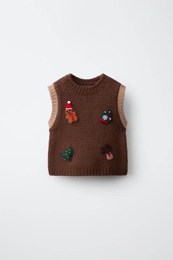 Zaras STICKAD VÄST MED PEPPARKAKS- OCH TRÄDAPPLIKATIONER OCH ULL - Brun - Bild 0