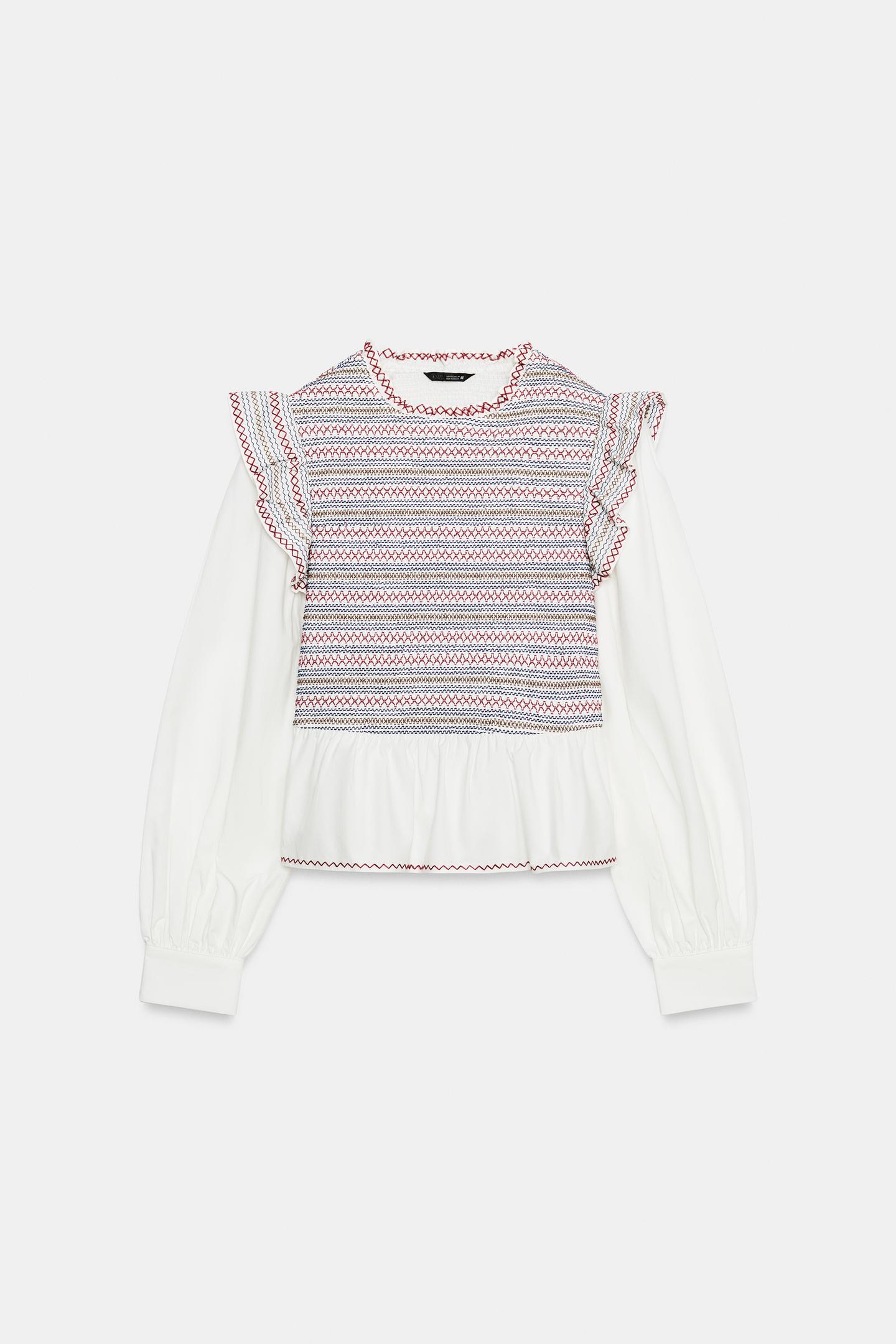 Женская блузка Zara Embroidered Smocked Blouse, цвет: Белый — фото 7