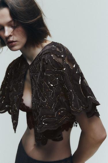 COMBINED VELVET BEADED SEQUIN CAPE - Brown by Zara
