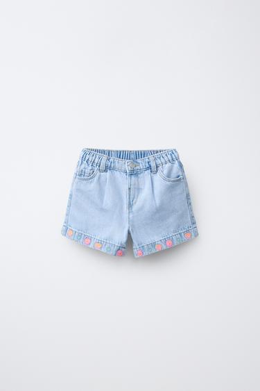 Zara EMBROIDERED DENIM SHORTS - Blue