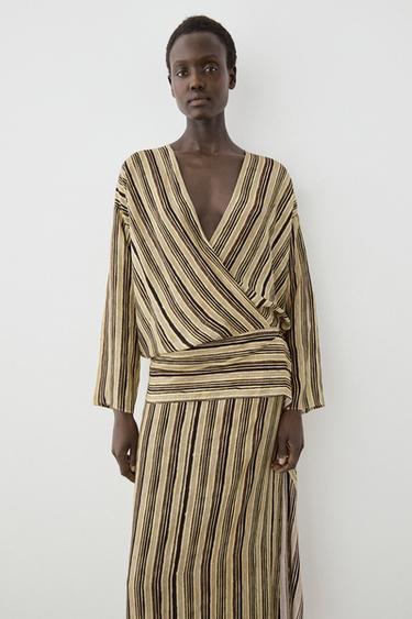 Striped midi dress with corset belt — Pastel yellow 2