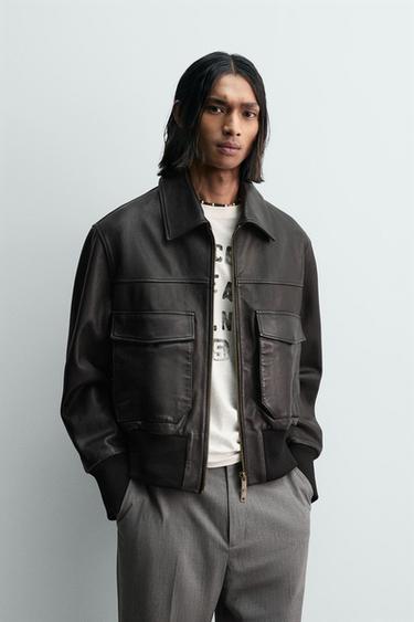 Zara LIMITED EDITION CROPPED LEATHER JACKET - Black