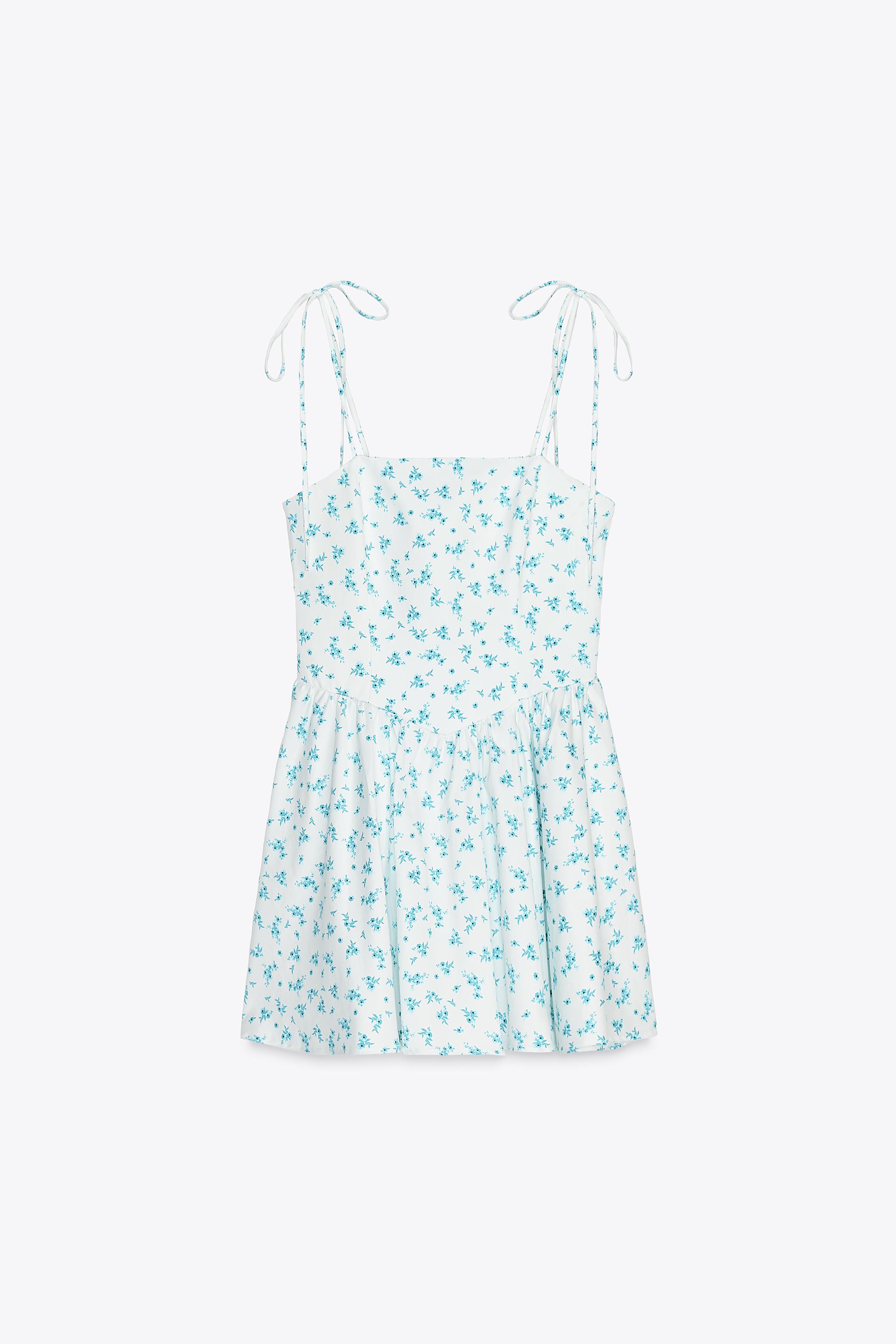 【ZARA】フラワー プリント ワンピース 4661/382/059 フラワー プリント ワンピース - ホワイト/ターコイズブルー