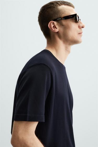 Zara REGULAR FIT KNIT T-SHIRT - Navy blue