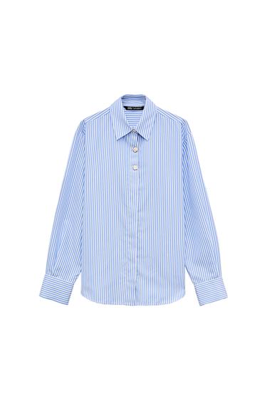 Front view of blue striped shirt with collar and visible buttons.