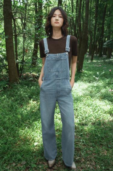 Zara TRF 牛仔吊帶褲 - 淡藍色