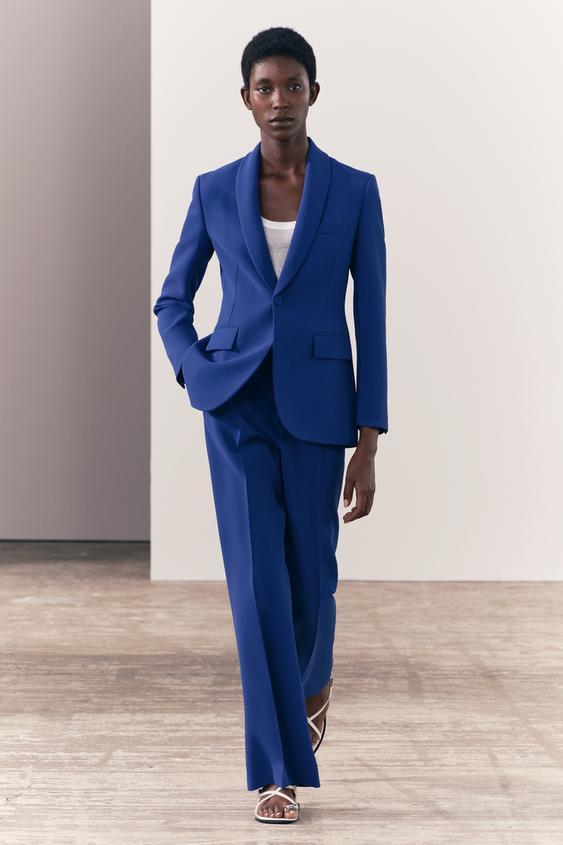 Satin Royal Blue Women Suits Set Blazer+Flare Pants 2 Pieces