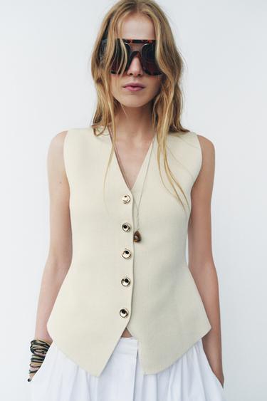 PLAIN KNIT WAISTCOAT TOP - Mid-ecru by Zara