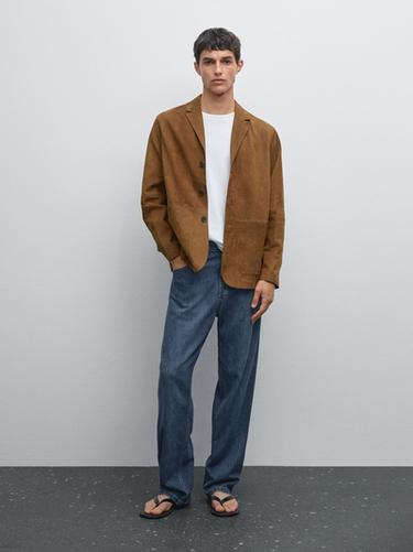 Americana 100% piel nobuck - Marrón claro de Zara - Imagen 0
