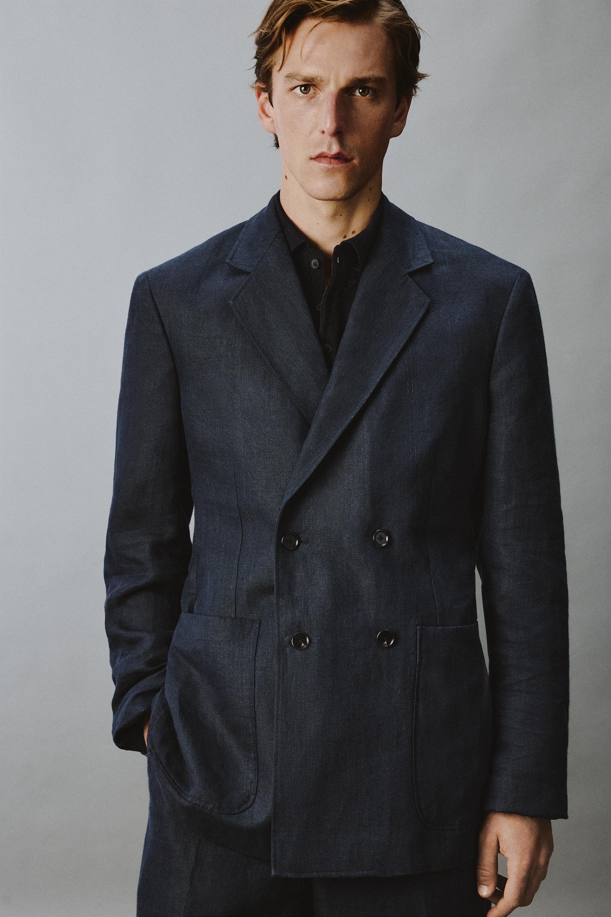HERRINGBONE 100% LINEN DOUBLE BREASTED SUIT BLAZER - Indigo | ZARA