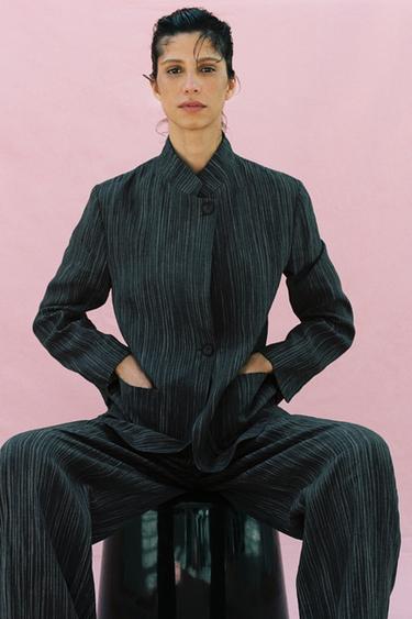 Zara ZW COLLECTION STRIPED LINEN BLAZER - Blue gray