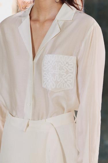 ZW COLLECTION EMBROIDERED POCKET SHIRT - Oyster-white by Zara