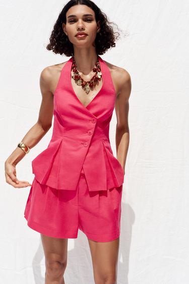 Zara DOUBLE BREASTED LINEN VEST - Strawberry