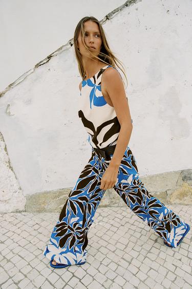 FLORAL PRINT WIDE-LEG TROUSERS - Ecru / Blue by Zara