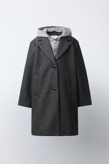 Zara LONG COAT WITH REMOVABLE HOODIE - Gray
