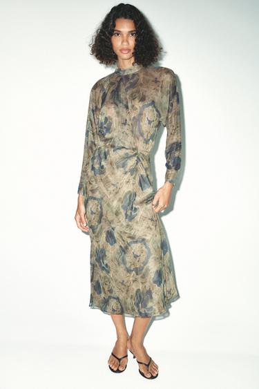 Zara FLORAL PRINT SATIN EFFECT MIDI DRESS - Multicolored - Image 0