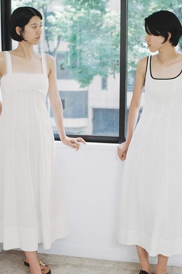 파이핑 롱 원피스 ZW 컬렉션 - Zara 화이트
