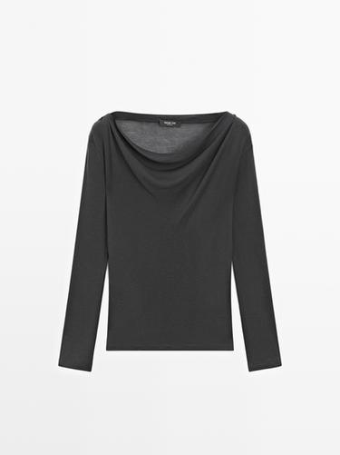 Camiseta manga larga cuello drapeado - Plomo de Zara