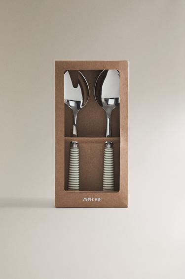 SALAD CUTLERY SET WITH STRIPED HANDLE (SET OF 2) - Green / Ecru by Zara - Image 4