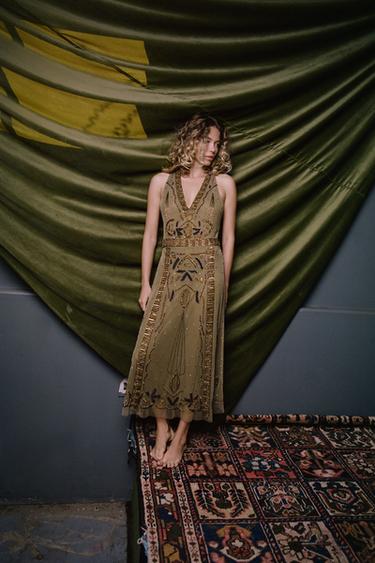 EMBROIDERED TULLE DRESS WITH BEADS - Gold by Zara