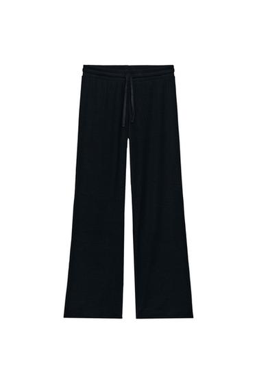 Zara RIBBED STRAIGHT LEG PANTS - Black