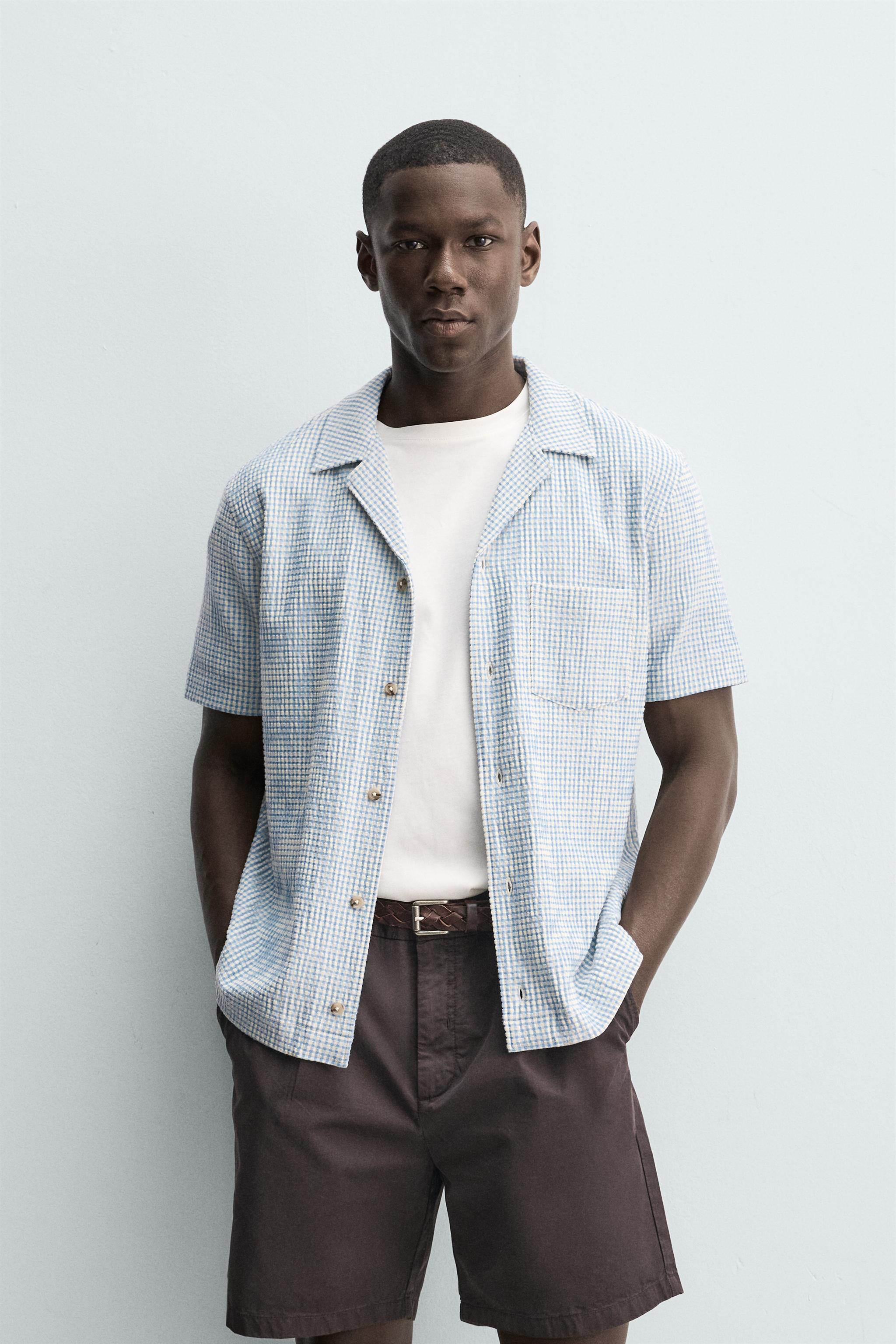 イマテリアル　シャツ　short layered shirt deres REGULAR FIT SEERSUCKER TEXTURED SHIRT - White / Sky blue | ZARA Canada