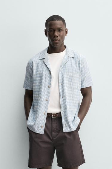 REGULAR FIT TEXTURED SEERSUCKER SHIRT - White / Sky blue by Zara