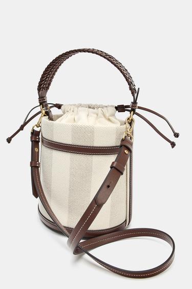 STRIPED CANVAS BUCKET BAG - Light beige by Zara