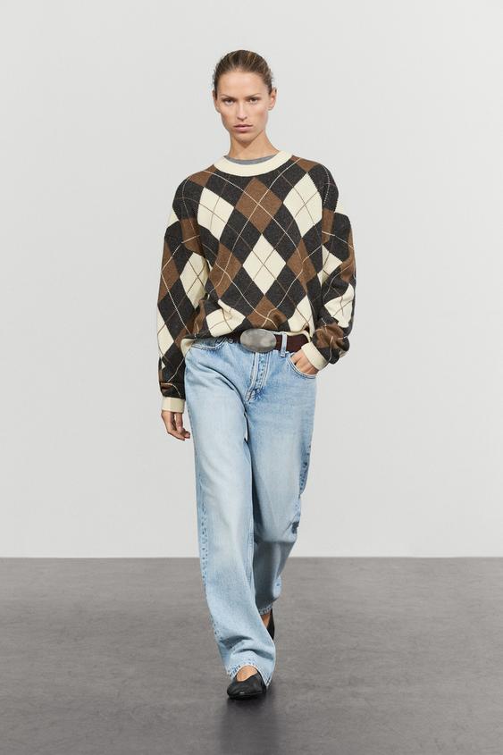 Zara Wool-blend Argyle knit sweater - Ecru - Image 0