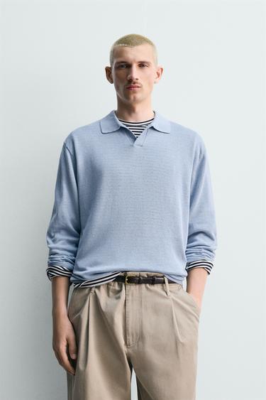 POLO EN MAILLE DE CHANVRE ET COTON - Bleu ciel de Zara