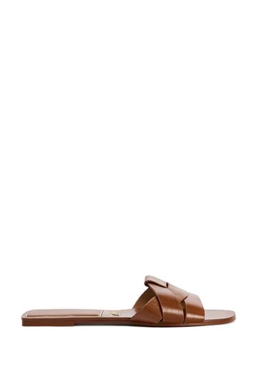 Zara FLAT CROSSED LEATHER SANDALS - Brown - Image 0