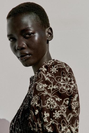 EMBROIDERED TOP - Brown / Ecru by Zara - Image 3