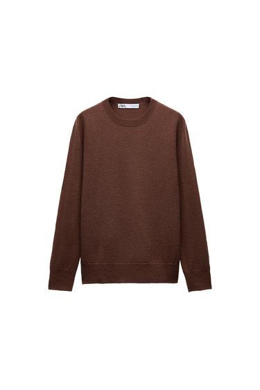 Front view of a brown jumper with a crew neck and long sleeves.