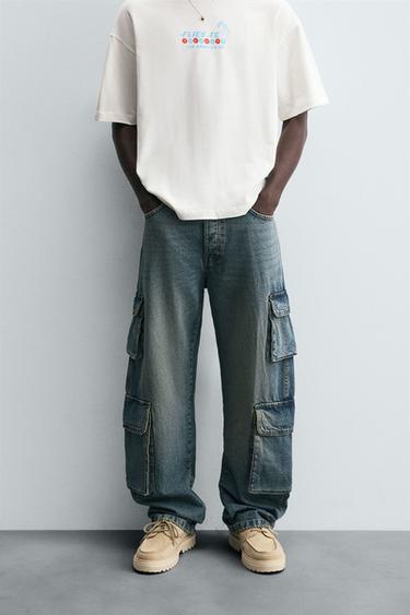 CALÇA DENIM CARGO COM BOLSOS - Azul-médio da Zara