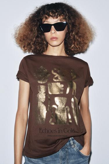 METALLIC SHORT SLEEVE T-SHIRT - Chocolate by Zara