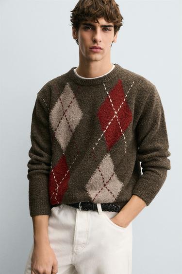 ARGYLE JACQUARD JUMPER - Brown by Zara - Image 4