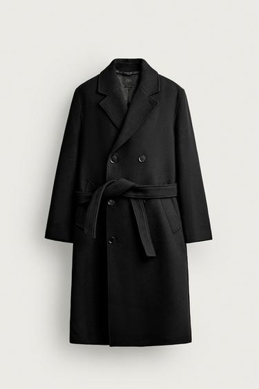 MANTEAU À BOUTONNAGE CROISÉ AVEC LAINE ET CEINTURE - Noir de Zara