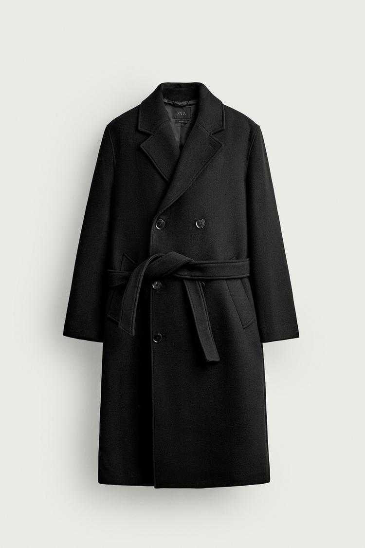 WOOL-BLEND BELTED DOUBLE-BREASTED COAT — Black