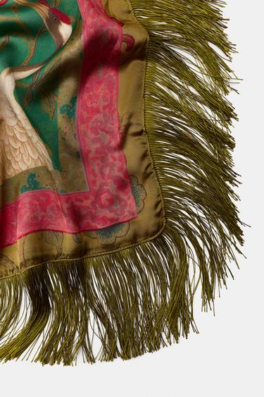 SATIN PRINT SCARF WITH FRINGE - Olive green by Zara - Image 4