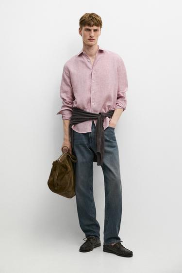 Zara 100% linen regular fit micro-checked shirt - Intense red - Image 0
