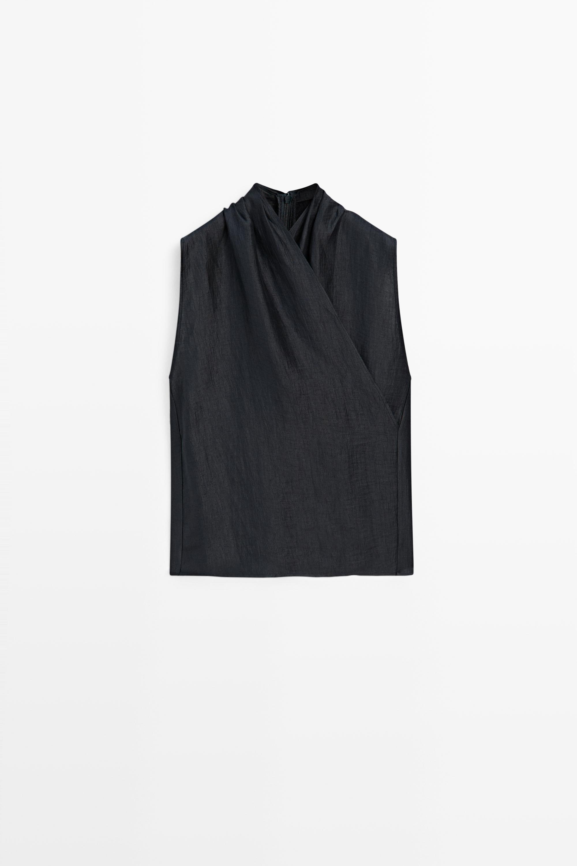 Linen blend sleeveless crossover top - Navy blue | ZARA Canada